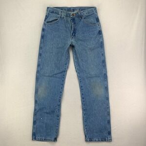 Rustler Jeans Mens 32x32 Blue Faded Distressed Denim Regular-Fit Straight Work